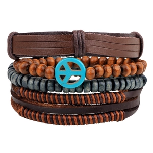 Men Retro Multilayer Cowhide Leather Bracelet With Wood Beads And Peace Sign Pendant Handmade Bohemian Woven Jewelry Accessory