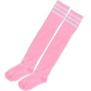 Detail of pink over-the-knee socks featuring three white stripes and knitted texture
