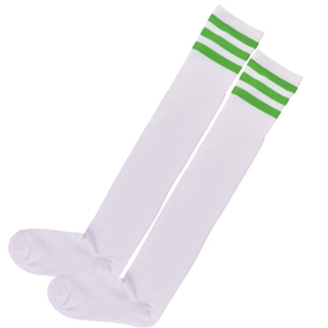 Detailed knit texture of white thigh-high socks with classic green triple stripes