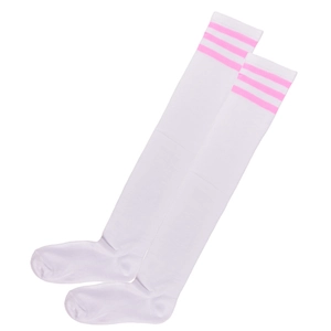 Close-up of white over-knee socks featuring three pink stripes on the knitted cotton cuff