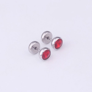 Close-up of silver stainless steel dumbbell studs with red round-cut crystal inlays
