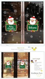 Detailed Christmas window decals featuring Santa Claus, snowflakes and festive welcome signs