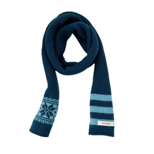 Navy blue 100% wool knitted scarf with snowflake pattern and striped details