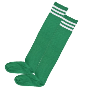 Close-up of green over-the-knee dance socks with three white stripes on top knit cotton