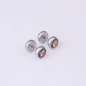Macro shot of stainless steel dumbbell stud earrings featuring rainbow iridescent crystals