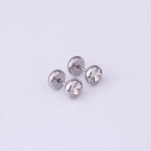 Silver stainless steel dumbbell earrings with round clear crystal inlay and metal backings
