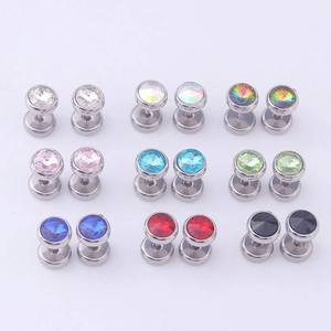 Grid view showcasing nine colors of stainless steel dumbbell stud earrings with crystals