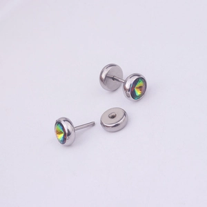 Polished stainless steel barbell stud earrings featuring rainbow crystal inlay accents