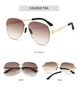 Detailed views of gold double-bridge aviator sunglasses with brown gradient lenses