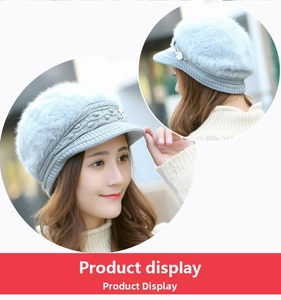 Detail showing knit beanie with faux fur trim and elegant pearl embellishments for winter