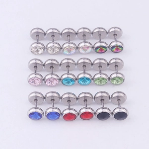 Set of 18 pairs of stainless steel dumbbell earrings with colorful crystal inlay for women