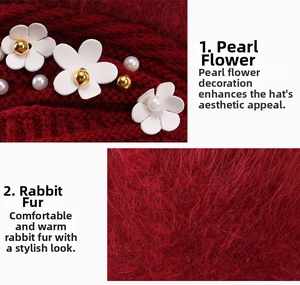 Detailed macro view of plush rabbit fur texture and white pearl flower on red knitted hat