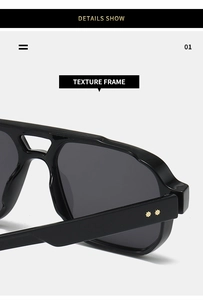Detail show of texture frame with gold star rivets on black square aviator sunglasses