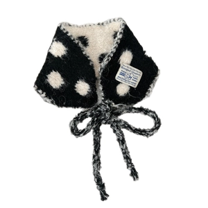 Chic black and white polka dot knitted scarf with lace-up tie closure and retro tag