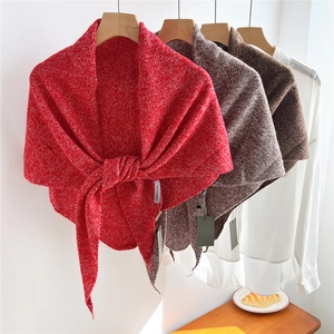 Three premium wool knit triangle scarves in red and brown colors for winter warmth