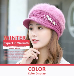 Detail of pink knitted winter hat with pearl flowers and rabbit fur texture