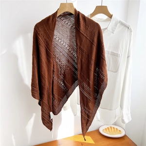 Close-up of dark brown knit shawl featuring vertical hollow stripes and ribbed edges