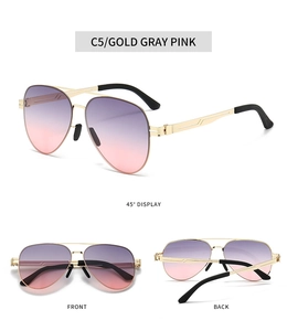 Detailed views of gold aviator sunglasses with gray pink gradient lenses from three angles