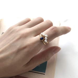 Elegant gold double-layered S925 sterling silver ring with pearls and blue gemstones