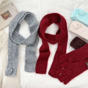 Long knit scarf and gloves set with floral accents in burgundy and grey tones
