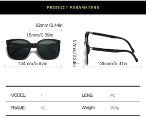 Detailed size specifications and weight parameters for black foldable oversized sunglasses