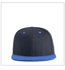 Front view of a black snapback baseball cap with contrasting blue brim and top button