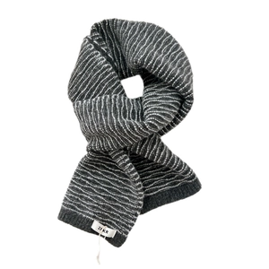 Classic grey and white striped knit scarf with ZF KR label for winter warmth and style