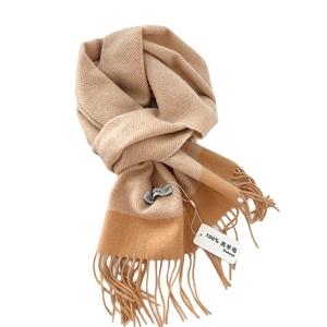 Classic herringbone lambswool scarf with fringes in light camel color for winter warmth