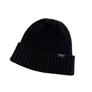 Classic black wool blend beanie hat with rib knit texture and stylish logo patch