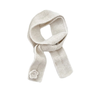 Beige knit scarf for women featuring a 3D crochet flower detail and soft texture