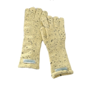 Beige knit touchscreen gloves for women featuring black polka dots and thermal fabric