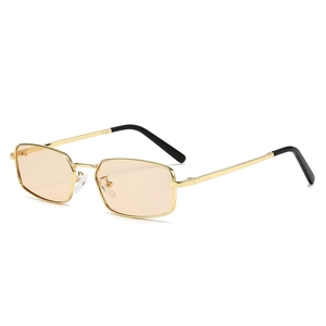 Retro rectangle metal frame sunglasses with light orange tinted lenses in a side view