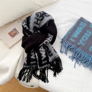Écharpe Hiver Femme Tricot Doux Cachemire Imitation Lettre Jacquard Longue Épaisse Chaude Tour De Cou Franges Glands Chic