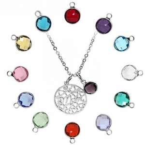 Close-up of Mom heart pendant with 12 colorful birthstones on stainless steel chain