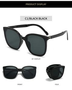 Three-way display of black folding cat-eye sunglasses showing 45 degree and front views