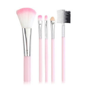 5-piece pink makeup brush set including powder, eyeshadow and brow brushes on white background