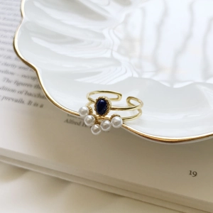 Elegant gold S925 silver double layer ring with blue gemstone and white pearls