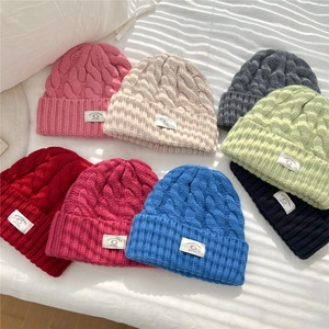 Chunky wool knit beanies in multiple colors with cuffed edge for women winter warmth