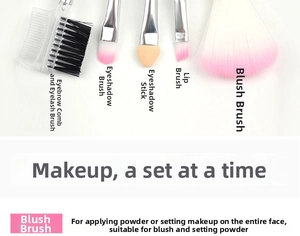 Detail of pink makeup brush set with transparent handles showing bristles and functions