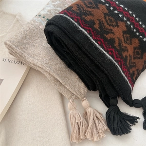 Ethnic knit scarf set with fringe tassels and thick geometric patterns for winter