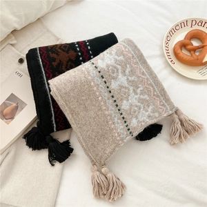 Retro ethnic jacquard knit scarf with tassels in thick warm winter material