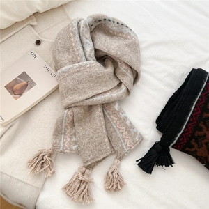 Beige ethnic knit tassel scarf with geometric patterns and thick warm winter fabric