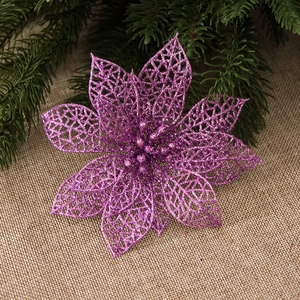 Purple glitter hollow artificial flower for Christmas tree and festive home decoration