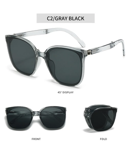 Three-way folding structure detail of transparent grey sunglasses with dark grey lenses