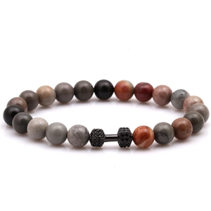 Volcano lava matte black stone dumbbell bracelet with micro-paved black zircon charm