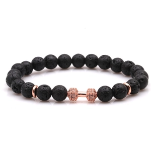 8mm black lava stone beaded bracelet featuring a rose gold dumbbell charm on white background
