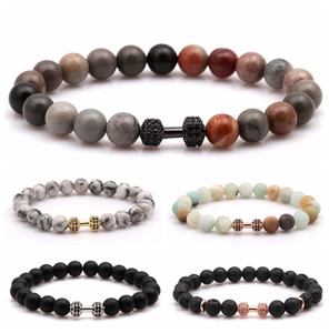 Fitness Dumbbell Beaded Bracelet Natural Volcanic Lava Stone Matte Gemstone Micro Pave Zircon Strength Jewelry For Men