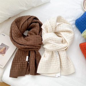 Thick checkered wool knit scarves in brown and cream white for winter warmth