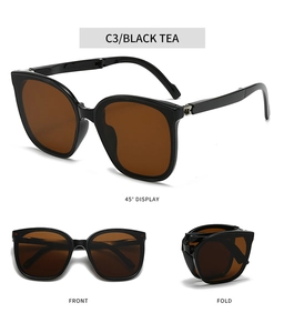 Detailed views of foldable black sunglasses with C3 tea lenses in front and side angles