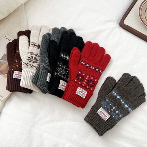 Winter thermal knit gloves with two-finger touchscreen design and Nordic snowflake patterns
